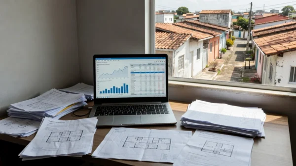 Mesa com laptop e gráficos de preços de imóveis ao lado de casas brasileiras
