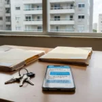 Smartphone com conversa de proposta imobiliária no WhatsApp sobre mesa com documentos