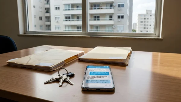 Smartphone com conversa de proposta imobiliária no WhatsApp sobre mesa com documentos