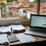 Mesa com notebook e documentos de IPTU para análise de preços de imóveis