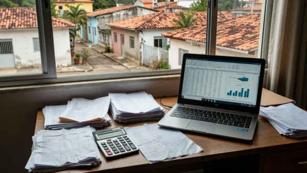 Mesa com notebook e documentos de IPTU para análise de preços de imóveis