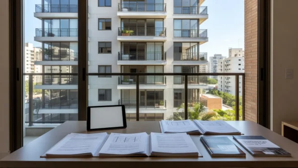 Imóvel residencial brasileiro com tablet e documentos representando cases para corretores imobiliários