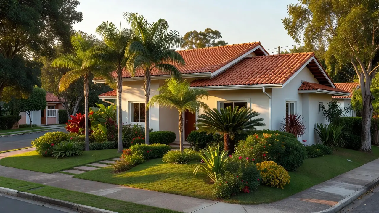 Casa residencial brasileira moderna em bairro arborizado representando o mercado imobiliário