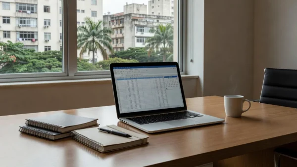 Mesa com notebook em escritório imobiliário brasileiro representando sistema de follow-up automático