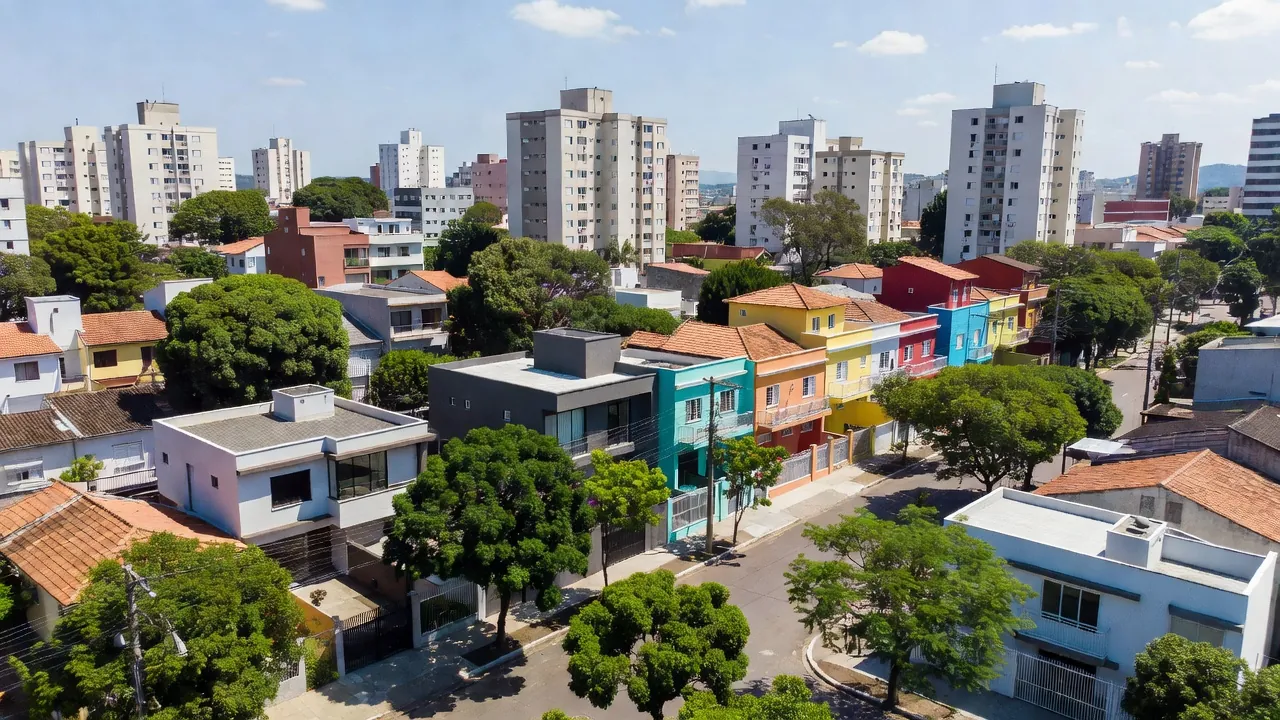 Bairro residencial brasileiro com casas e apartamentos para rede de indicações imobiliárias
