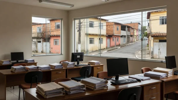 Escritório imobiliário com documentos de registro de atendimento no Brasil