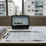 Mesa com laptop e documentos para rastreamento de origem de leads no mercado imobiliário