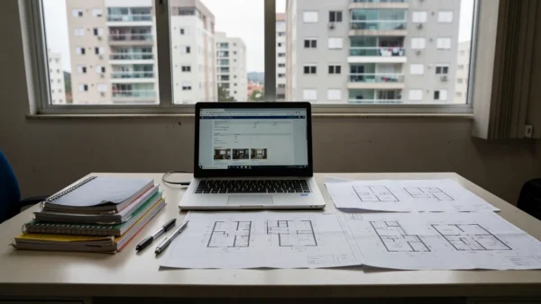 Mesa com laptop e documentos para rastreamento de origem de leads no mercado imobiliário