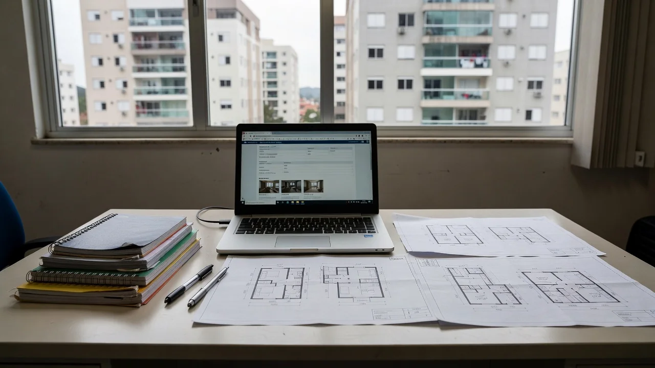 Mesa com laptop e documentos para rastreamento de origem de leads no mercado imobiliário