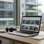 Mesa com notebook aberto em portal imobiliário representando tempo de resposta a leads