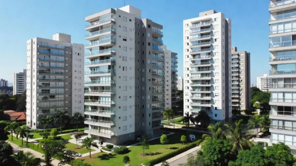 Conjunto de edifícios residenciais modernos no Brasil simbolizando mercado imobiliário com lista de espera de compradores