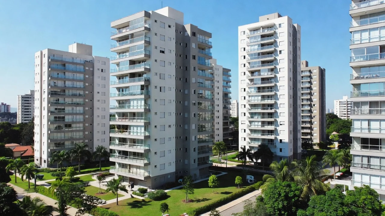 Conjunto de edifícios residenciais modernos no Brasil simbolizando mercado imobiliário com lista de espera de compradores