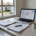 Dossiê de imóvel em PDF aberto em laptop em mesa de escritório imobiliário