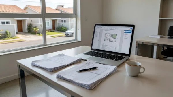Dossiê de imóvel em PDF aberto em laptop em mesa de escritório imobiliário