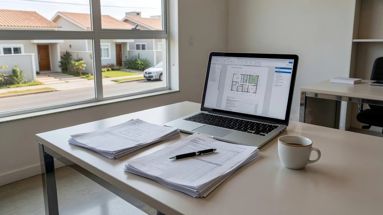 Dossiê de imóvel em PDF aberto em laptop em mesa de escritório imobiliário