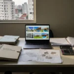 Mesa com documentos e laptop para análise de preços de imóveis no Brasil