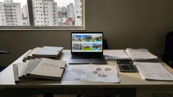 Mesa com documentos e laptop para análise de preços de imóveis no Brasil