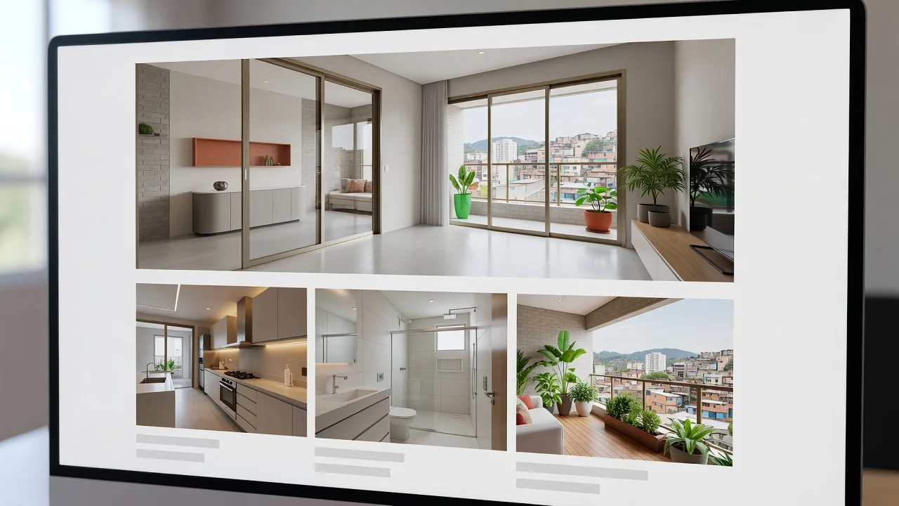 Fotos secundárias de cozinha, banheiro e varanda em anúncio imobiliário brasileiro