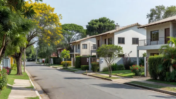Rua residencial brasileira com casas para captação imobiliária de baixa concorrência