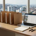 Mesa com pastas e notebook para organização de visitas imobiliárias