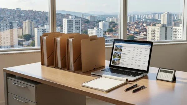 Mesa com pastas e notebook para organização de visitas imobiliárias