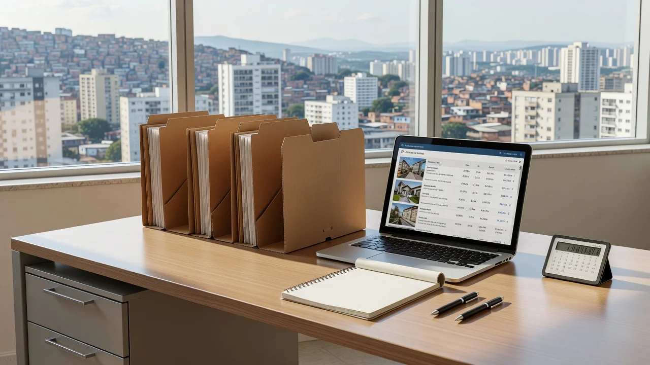 Mesa com pastas e notebook para organização de visitas imobiliárias