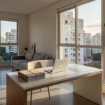 Apartamento moderno brasileiro com mesa de trabalho para análise de visitas imobiliárias