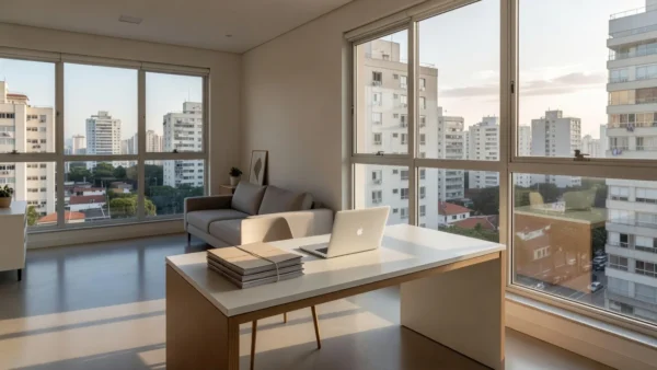 Apartamento moderno brasileiro com mesa de trabalho para análise de visitas imobiliárias