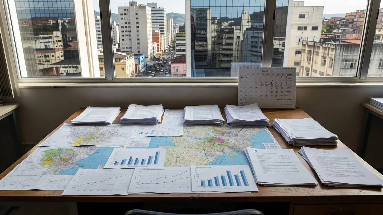 Mesa com mapas e gráficos de sazonalidade no mercado imobiliário brasileiro