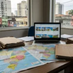 Mesa de escritório imobiliário com mapas e documentos para co-corretagem interestadual