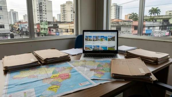 Mesa de escritório imobiliário com mapas e documentos para co-corretagem interestadual