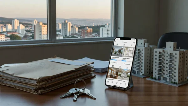 Mesa de escritório imobiliário com smartphone exibindo stories de processos de venda de imóveis no Brasil