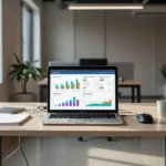 Gráficos de análise de cliques em portais imobiliários em notebook sobre mesa de escritório