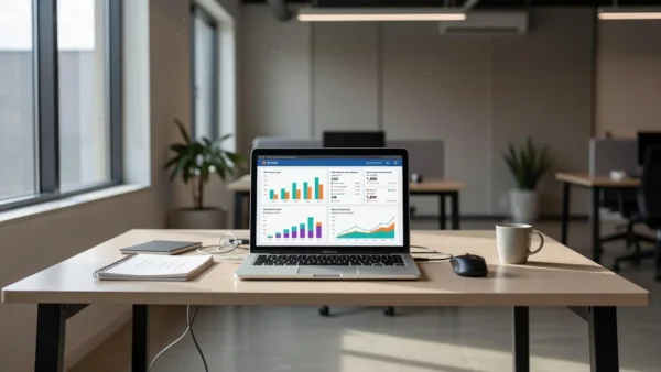 Gráficos de análise de cliques em portais imobiliários em notebook sobre mesa de escritório