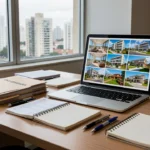 Mesa de trabalho com laptop e documentos de exclusividades imobiliárias em escritório brasileiro