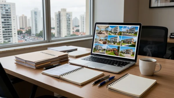 Mesa de trabalho com laptop e documentos de exclusividades imobiliárias em escritório brasileiro