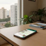 Smartphone em mesa de escritório imobiliário com vista para prédios no Brasil