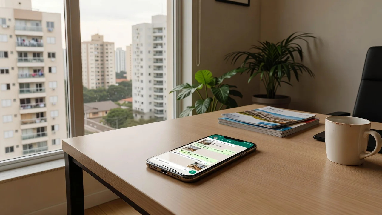 Smartphone em mesa de escritório imobiliário com vista para prédios no Brasil