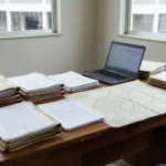 Mesa com documentos e pastas em cartório de imóveis para parcerias no mercado imobiliário