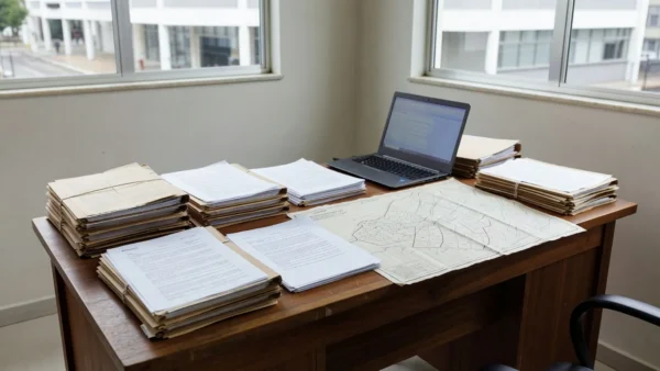 Mesa com documentos e pastas em cartório de imóveis para parcerias no mercado imobiliário