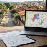 Mapa digital de bairro residencial brasileiro em notebook para análise imobiliária