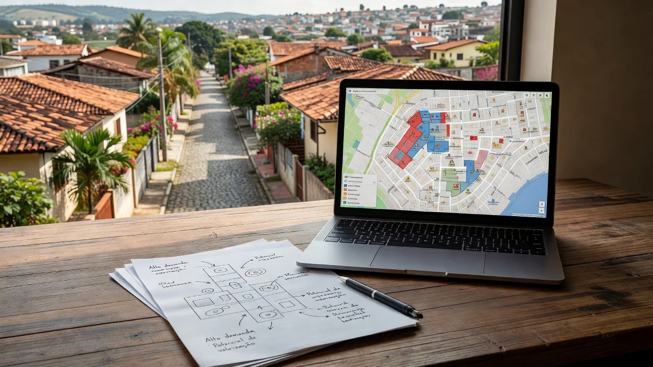 Mapa digital de bairro residencial brasileiro em notebook para análise imobiliária