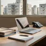 Mesa de escritório imobiliário com laptop e documentos de imóveis no Brasil