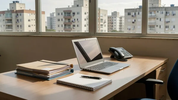 Mesa de escritório imobiliário com laptop e documentos de imóveis no Brasil