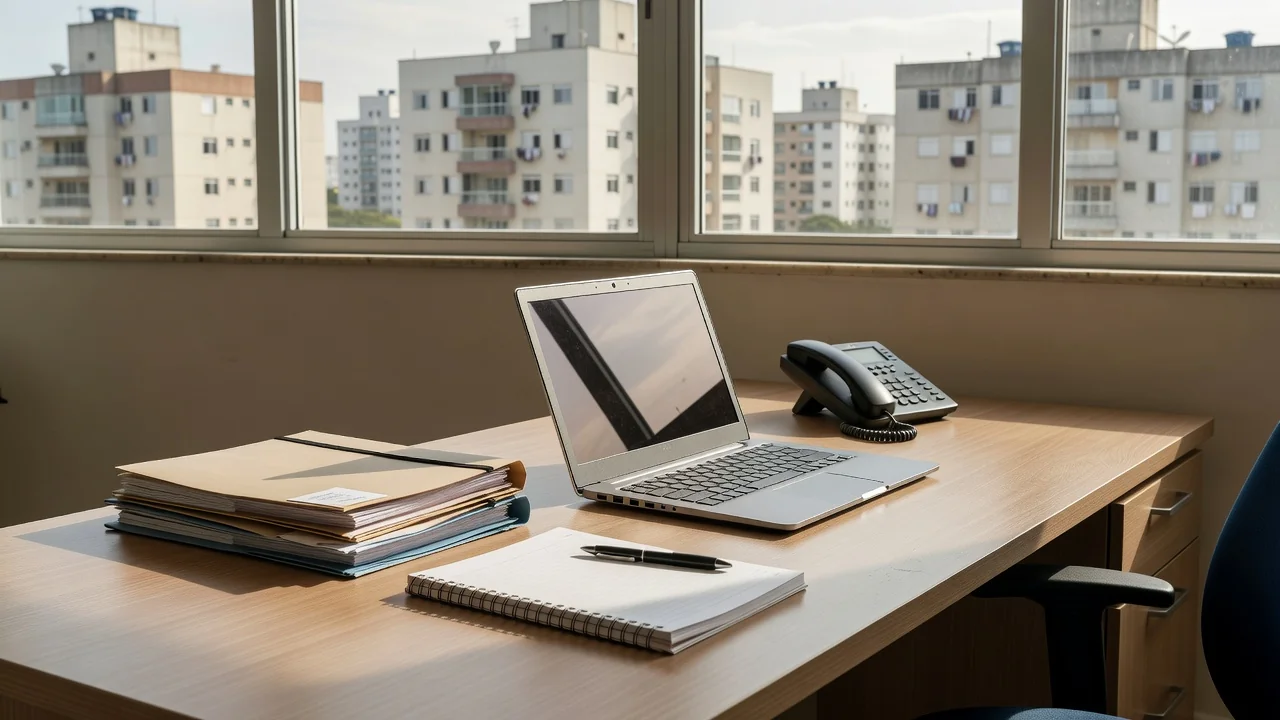 Mesa de escritório imobiliário com laptop e documentos de imóveis no Brasil