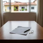 Contrato de exclusividade imobiliária com chaves sobre mesa em ambiente residencial brasileiro