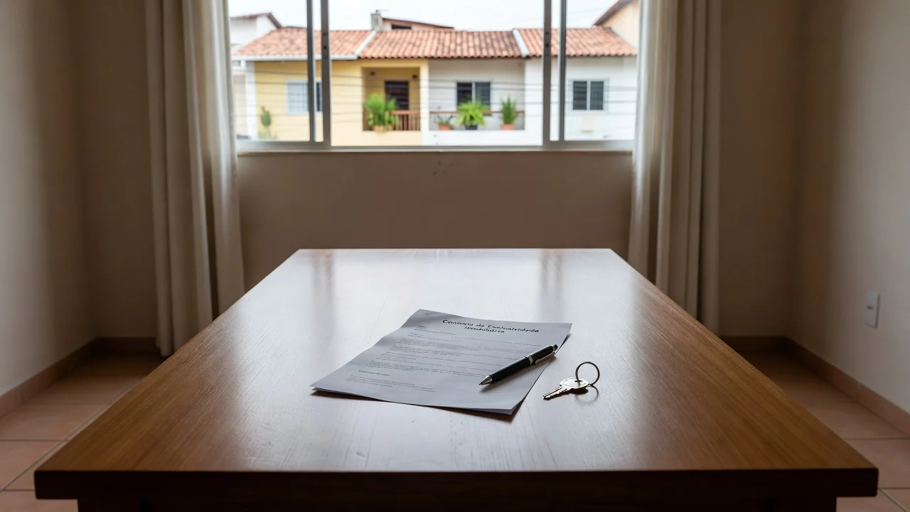 Contrato de exclusividade imobiliária com chaves sobre mesa em ambiente residencial brasileiro