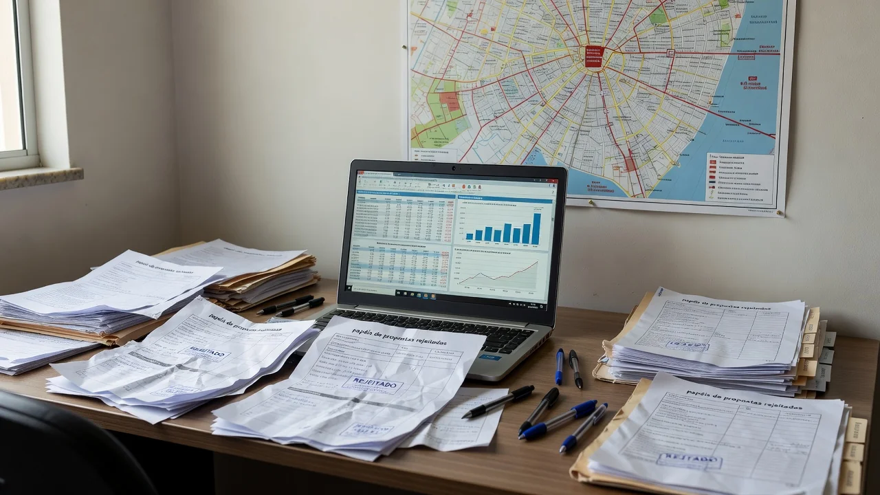 Mesa de corretor com propostas rejeitadas e dados de precificação imobiliária no Brasil