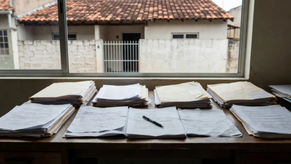 Documentos de imóvel em inventário sobre mesa em escritório no Brasil
