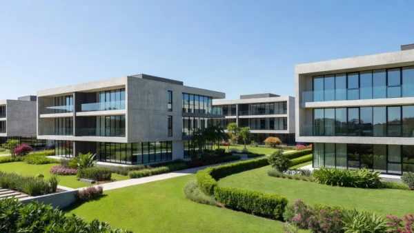 Condomínio residencial moderno no Brasil simbolizando pós-venda imobiliário e indicações